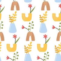 Seamless Boho Floral Pattern with Abstract Vases and Flowers Modern Botanical Design for Fabric, Wallpapers, and Home Decor vector