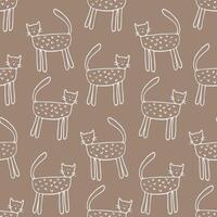 Charming Hand-Drawn White Cats Seamless Pattern on Brown Background - Minimalist and Playful Design for Prints and Decor vector