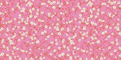 Bright seamless floral pattern featuring tiny flowers with branches on a vibrant pink background. Floral stems ornament print. Perfect for textiles, stationery, and cheerful creative designs. vector