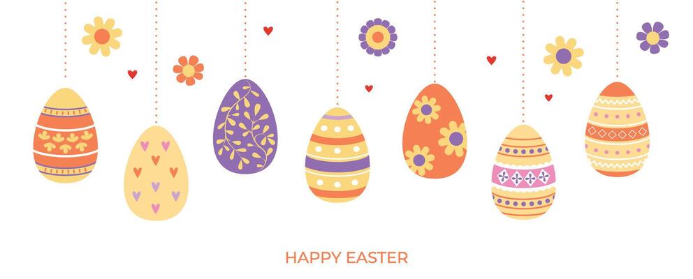 Colorful Easter eggs banner. Hanging decorative eggs. Egg's hunt. Doodles, icons. Festive egg's ornament. Spring holidays. Background, poster, flyer template with typography. Retro vintage. .