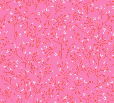 Colorful seamless floral pattern with delicate branches and small blossoms on a bright pink background. Tiny flowers stems ornament print. Ideal for stationery, packaging, wedding designs.