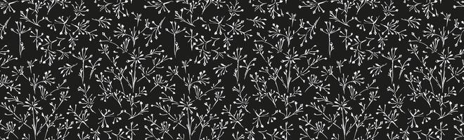 Seamless pattern featuring delicate white floral branches on a black background. Elegant and minimalistic botanical design perfect for wallpapers, fabric prints, stationery, and home decor. vector