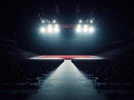 Empty arena with red stage lit by bright spotlights in a large indoor venue during evening hours photo
