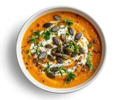 Delicious pumpkin soup served with cream, seeds, and herbs in a white bowl on a plain background photo