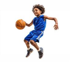 Young boy performs a basketball jump showcasing skill and energy during a sports practice session photo