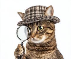 Cat wearing a detective hat and holding a magnifying glass showcases a curious expression in a playful setup photo