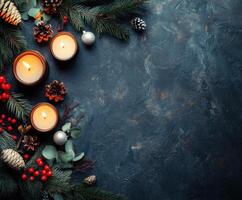 Seasonal decorations with candles, pinecones, and greenery on a dark background for festive ambiance creation photo