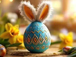 Colorful Easter egg decorated with patterns and rabbit ears among blooming flowers indoors photo