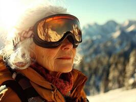 Older woman enjoying a sunny day on the mountain, wearing ski goggles and looking at the snowy landscape around her photo