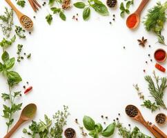Arrangement of fresh herbs and spices on a white surface creating a vibrant border for culinary creativity photo