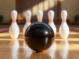 Bowling ball rolls towards pins in a well-lit bowling alley during an afternoon game photo