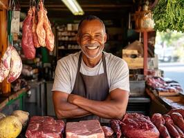 Local butcher displaying fresh meats and smiling warmly at customers in a market stall during the daytime photo