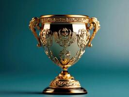 Elegant golden trophy with intricate designs placed on a gradient blue background, highlighting its craftsmanship and beauty photo