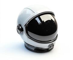 Unique white astronaut helmet displayed on a minimalist surface with reflections of stars and light photo
