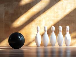 Bowling ball rolls towards white pins on a wooden alley illuminated by soft sunlight photo