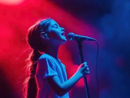 Young girl performs on stage with passion and energy during a vibrant music event photo