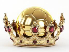 Golden soccer ball resting in a luxurious crown adorned with red gemstones photo