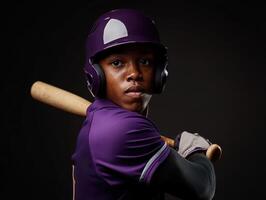 Young baseball player in purple uniform stands ready to bat against a black backdrop photo