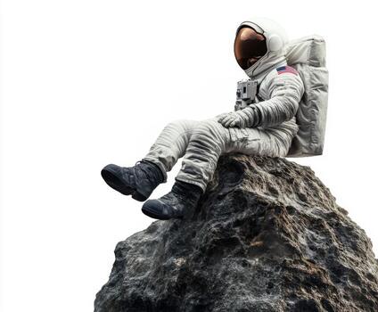 Astronaut sitting on a rocky surface gazing at the vastness of space in a surreal environment photo