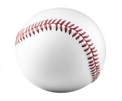 White baseball with red stitching placed on a plain background showcasing its details and texture for sports enthusiasts photo