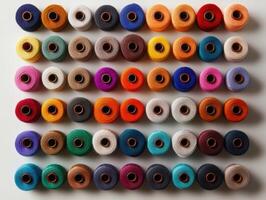 Colorful display of various thread spools arranged neatly on a white background photo