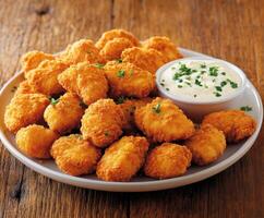 Crispy fried chicken nuggets served on a plate with dipping sauce for a delicious meal or snack photo
