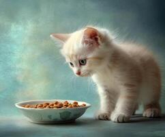 Curious kitten examines bowl of dry cat food on textured background in soft lighting photo