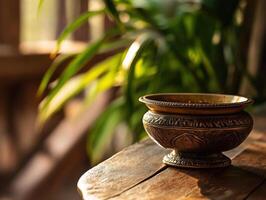 Decorative bowl rests on a wooden table bathed in warm sunlight near lush green plants photo