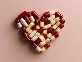 Creative arrangement of red and white capsules forming a heart shape on a pastel pink background photo