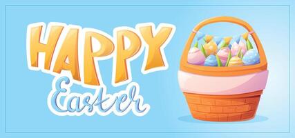 Bright festive cartoon banner with text Happy Easter. Horizontal blue background with wicker handmade traditional basket full of decorated Easter eggs. vector