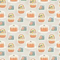Seamless Easter pattern with festive elements. Cute pastel holiday background featuring decorated eggs, cakes, wicker baskets with colorful designs. Cozy spring celebration print in hand-drawn style. vector