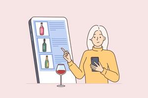 Woman looks through wine menu on phone, choosing drink and standing at bar counter with wineglass vector
