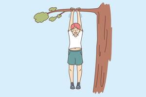 Boy risks falling from tree, hangs on branch and holds on with all strength due to carelessness vector