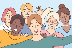 Selfies of multi-ethnic teenagers posing for photos together and smiling broadly vector