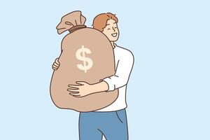 Man hugs bag of money, rejoicing at amount of finance earned or receiving dividends from investments vector