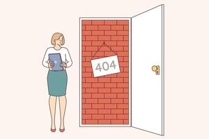 Error 404 seen by business woman who opens door blocked with bricks, as symbol ban on gaining access vector