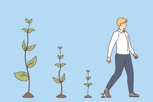 Environmental responsibility demonstrated by business man moving forward and leaving plants behind vector