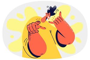 Smiling man with call me gesture point at screen vector