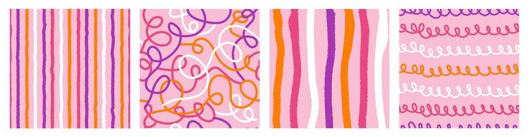 Colorful seamless pattern set of hand drawn curved lines, dots and texture strip. Trendy design with abstract shapes, simple and playful doodle wallpaper print vector