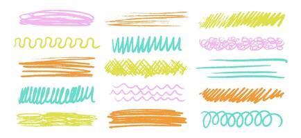 Charcoal pencil scribble set, crayon brush color underline, colorful pencil sketchy lines, line chalk highlight stroke. Childish hand drawn illustration vector