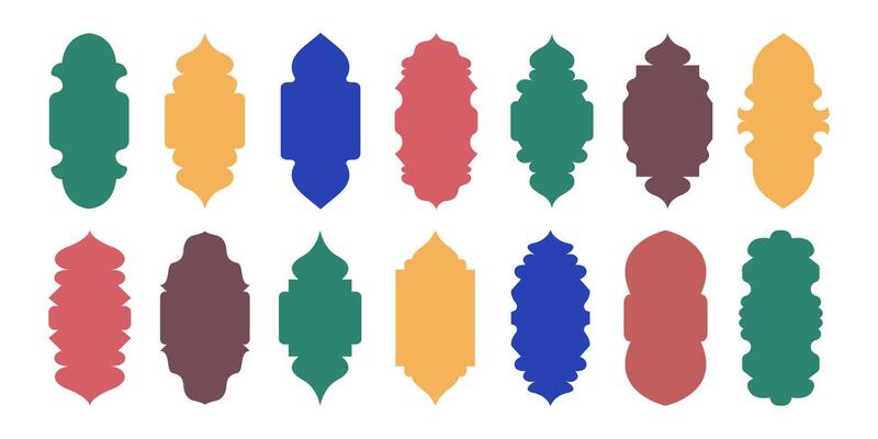 Set shape Islamic door and window silhouette in oriental style. Arabic arch, Muslim architecture design elements, Ramadan frames. colors illustration