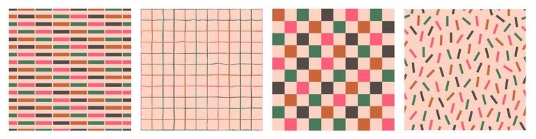 Seamless pattern set of colorful hand drawn checkered, strip and confetti. Trendy design with abstract shapes, chessboard, simple and playful doodle wallpaper print vector