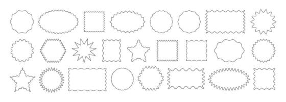 Different geometric outlines of shapes with zig zag wavy edge. Rectangle, Oval, Circle, Square. set black elements for design frame, stamp, template and badges vector