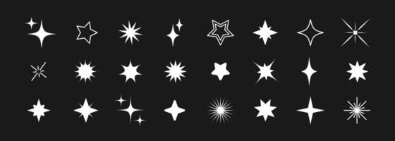 Set of different shining stars icon, glowing light effect, decorative twinkle forms, abstract sparkling flash elements. Y2k abstract shapes for design, posters, banners, cards vector