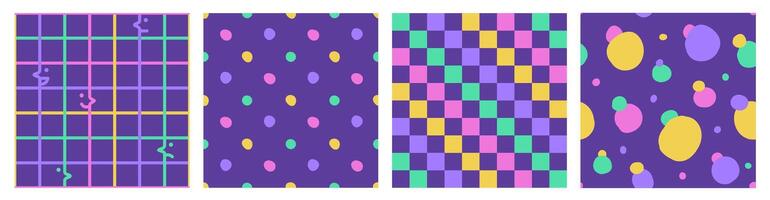 Seamless pattern set of multicolored neon hand drawn curved checkered, dots and spots. Modern design with abstract shapes, simple and playful doodle wallpaper print vector