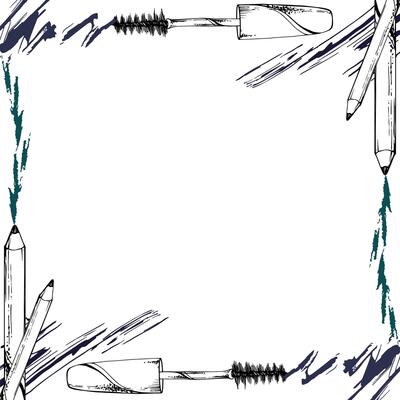 Make-up mascara tube smudge brush eyebrow eyelash pencil crayon liner. Isolated square border frame, detailed line sketch, ink hand drawn. Beauty parlor illustration, packaging, cosmetics shop