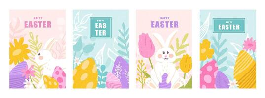 Happy Easter posters set, spring greeting cards in trendy hand drawn style. Flowers, bunny, and eggs. flat design with texture vector