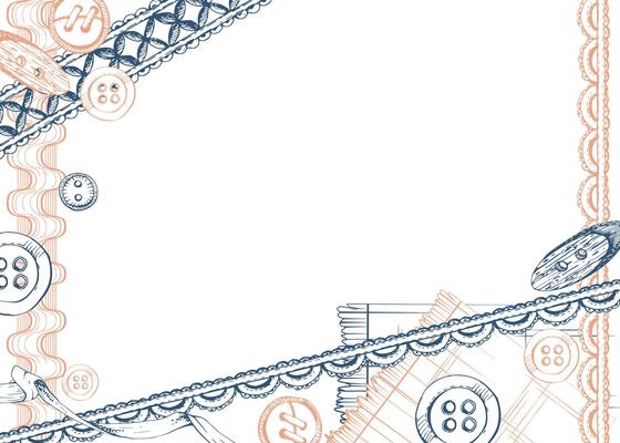 Fabric scissors snaps, wooden buttons ribbon lace, indigo beige. Hand drawn ink illustration sewing craft supplies. Frame isolated on white background. Design atelier, tailor, hobby shop