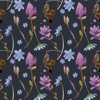 Spring flowers, mauve magnolia camelia tree bud, blue hepatica forget-me-not, forest anemone primrose, hand drawn in watercolor, isolated on dark. Seamless pattern illustration. Wedding, florist shop vector
