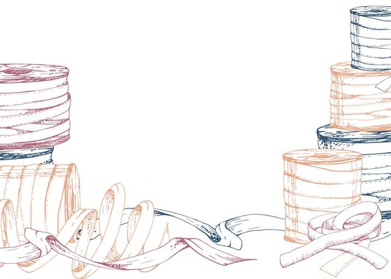 Sewing craft embroidery supplies. Threads ribbons spools bobbins fabric. Frame isolated on white background. Hand drawn ink illustration. Design atelier, tailor, hobby shop, fashion boutique